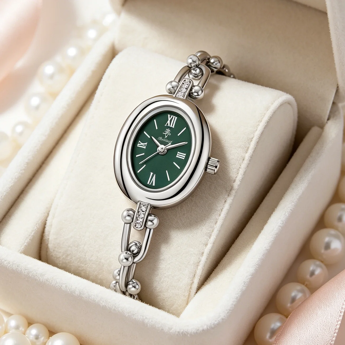YaLaLuSi Silver U Bead Chain Ladies Watch Oval Vibrant Green Dial Crystal Accent Retro Roman Quartz Wristwatch Elegant Women  Gift
