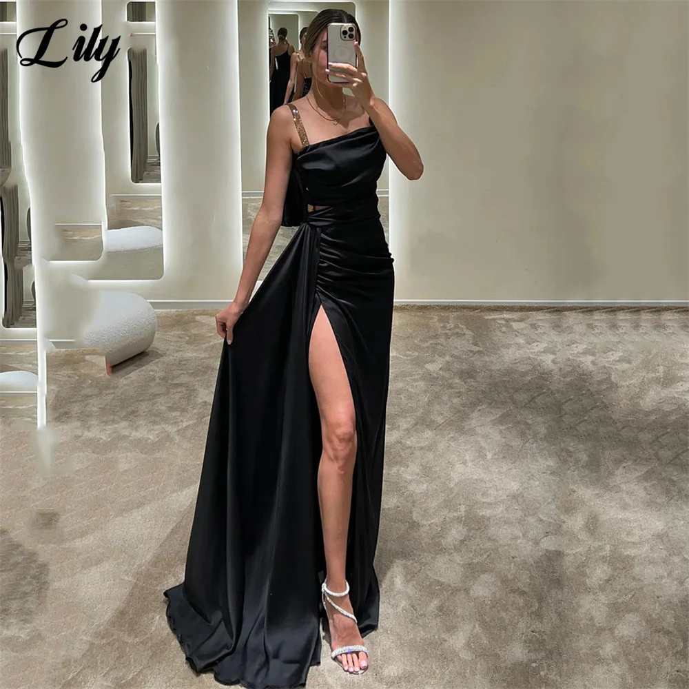 

Lily Pleat Black Prom Dresses For Women Shining Spaghetti Strap vestidos de noche Side Split Party Dress Stain Evening Gown