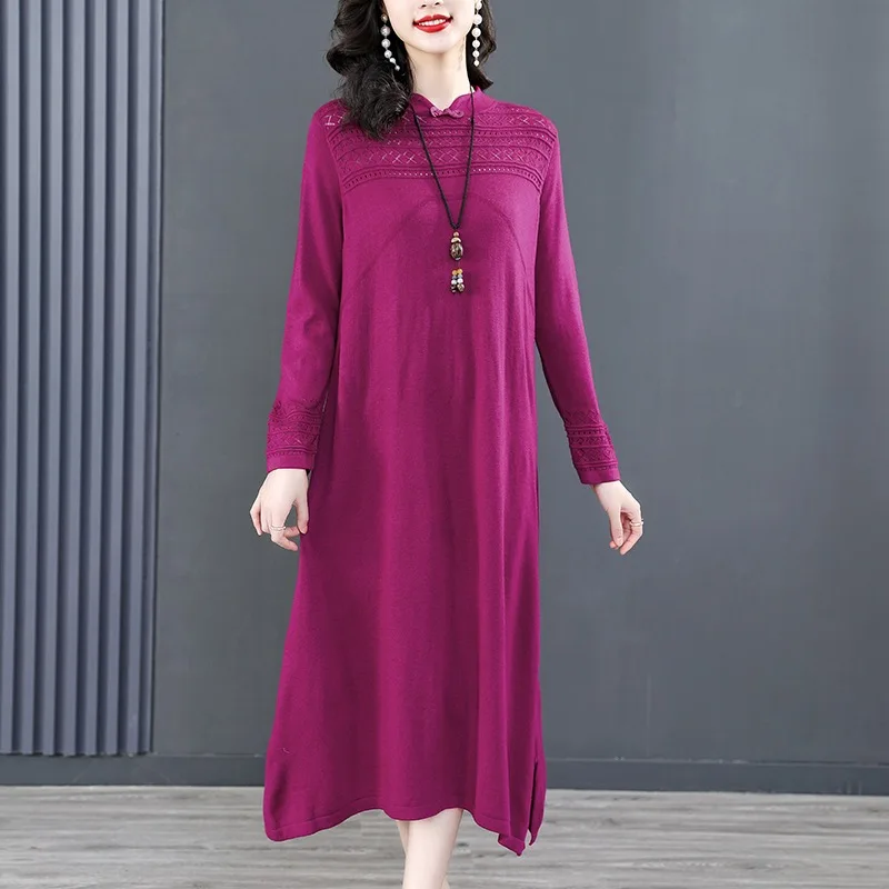 

Women Clothing Simple All-match Loose 100 Wool Knitted Dresses Female Casual Solid Fashion Elegant Over the Knee Dresses