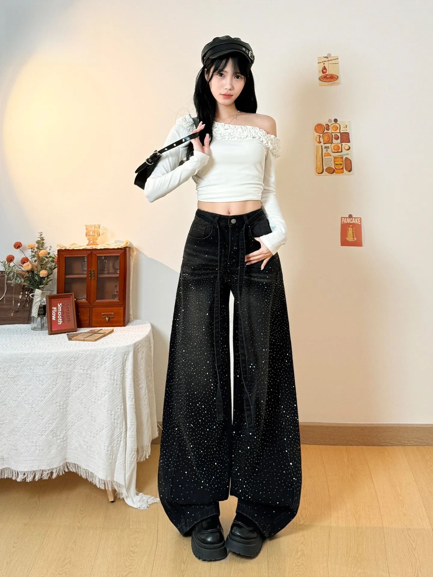 

Женские джинсы из плотного денима с блестками и стразами, свободные, широкие штанины, весна-лето, повседневные, с высокой талией, с поясом, фасон «нож»