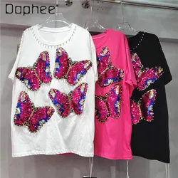 Heavy Industry Beads Sequined Butterfly Pink T-shirt Female Summer Loose Casual Chic Round Neck Short Sleeve Top High Street