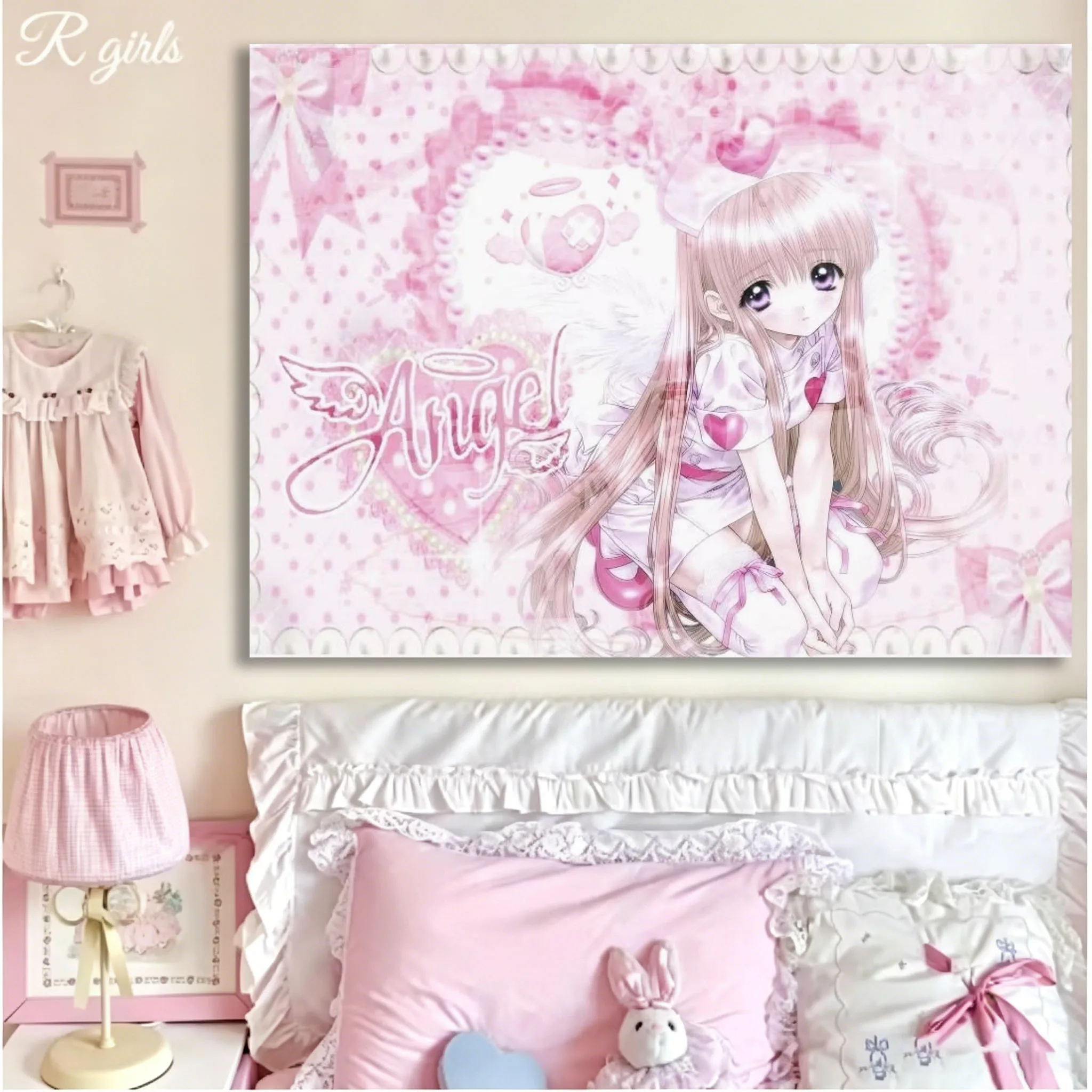 Angel Wall Tapestry Sweet Pink Girl Nurse With Caring Heart Flag Tapestry Bedroom Dorm Tapestry Aesthetic Wall Hanging Decor