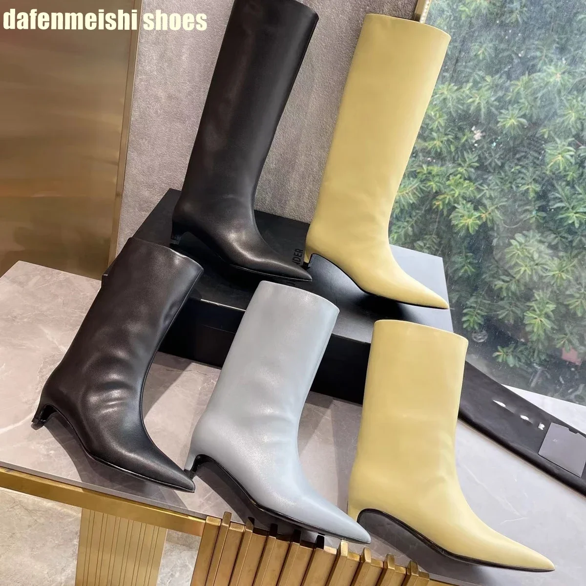 2025 New Pointed Toe Fashion Women Boots Kitten Heel Slip On Short/long Solid Color Casual Winter Boots Leather Comfort Mid Boot