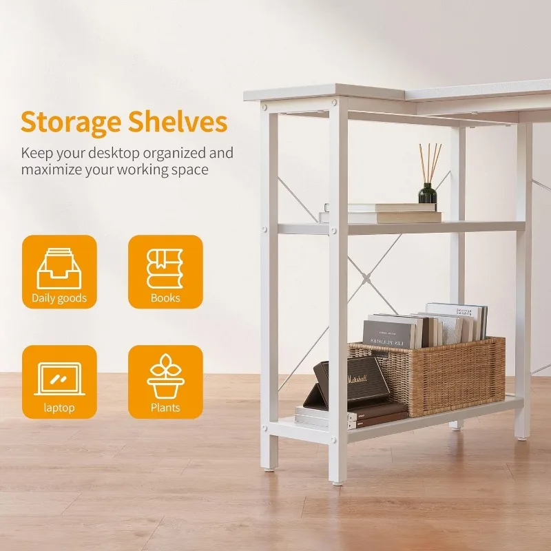 Small L Shaped Computer Desk with Storage Shelves, Home Office Small Corner Desk Study Writing Table, White