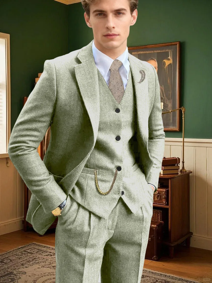 طقم بدلة رجالي مكون من 3 قطع بلون سادة من التويد متعرج طقم بدلة ضيقة واحدة الصدر بدلة العريس للأعمال سترة وسراويل #2