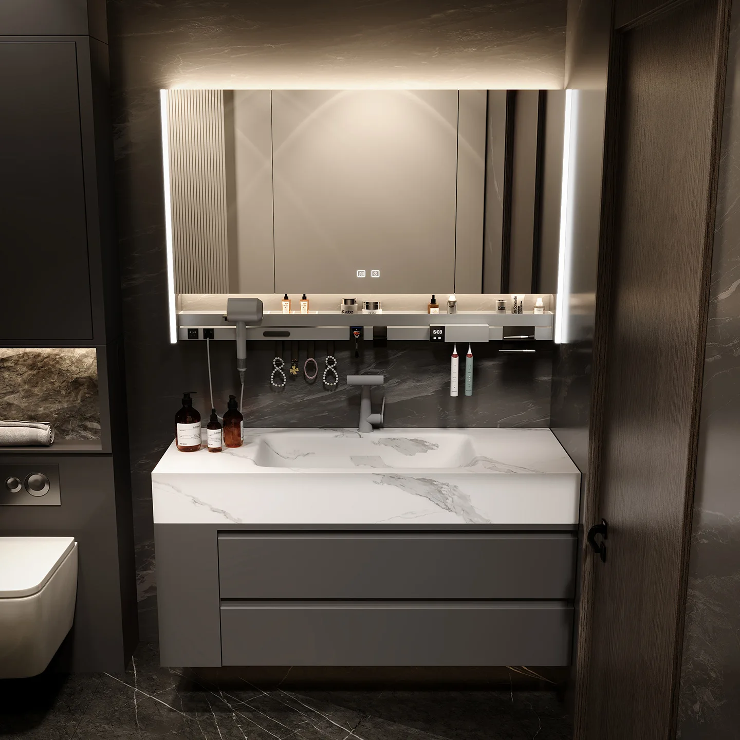 Bathroom Vanity Cabinet with Rock Slab Integrated Sink Organizer Storage Mirror Wall Shelves Toilet Display Trendy Furniture