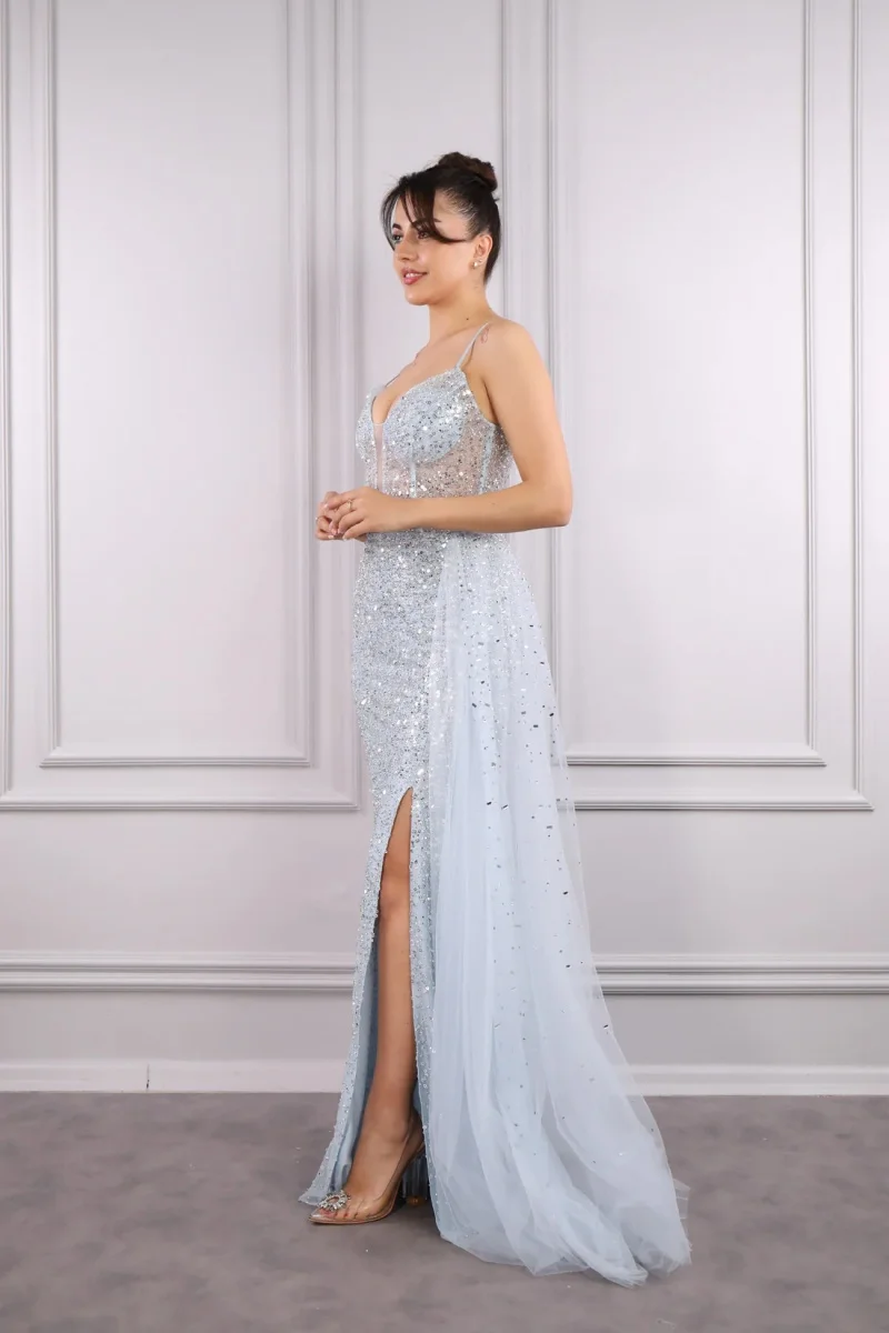 Jessica-Robes de Rhen tulle sirène avec fentes latérales, robe de mariée bleu clair, paillettes scintillantes, robes de princesse personnalisées, 2025