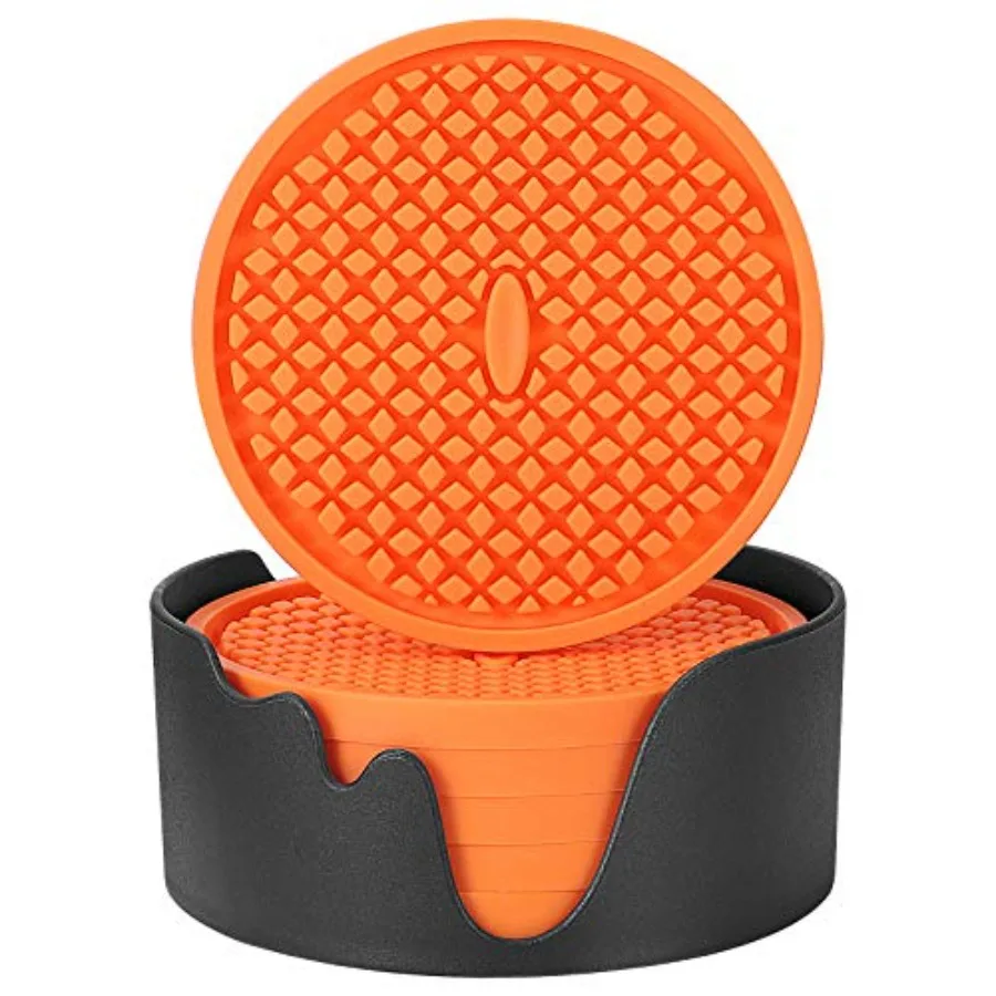 

Silicone Coasters [6 Pack] Thickened Drink Coasters with Holder - Cup Mat - Non-Slip, Non-stick, Stay Put, Deep Tray - Prevents