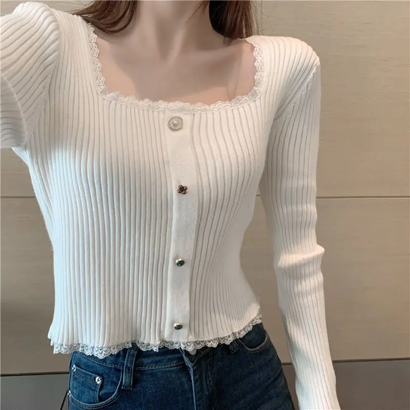 New High Waisted Short Sleeved Collarbone Top Square Neck Sweater Knitted Base Sweater for Women