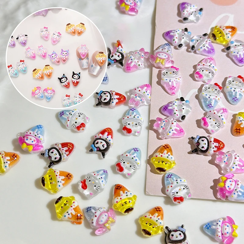 50PCS Cartoon Sanrio Ice Cream Resin Nail Charms Creative Animals Cone Nail Art Decoration For DIY Phone Case Manicure Crafts