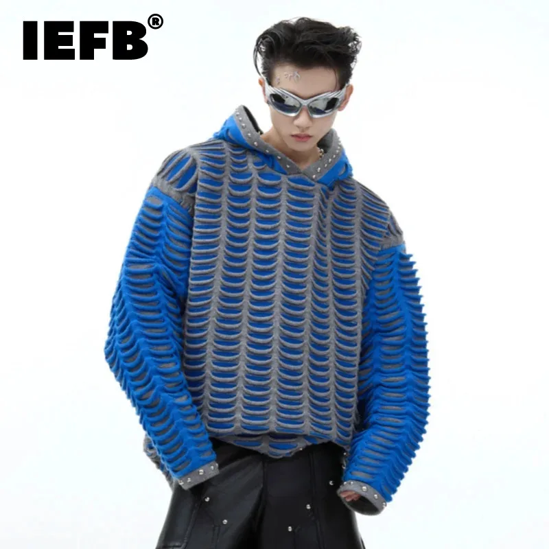 IEFB Contrast Color Men\'s Knitted Hooded Sweatshirt Metal Rivet Thickened Sweater 2024 Patchwork Long Sleeve Male Tops 24E2727