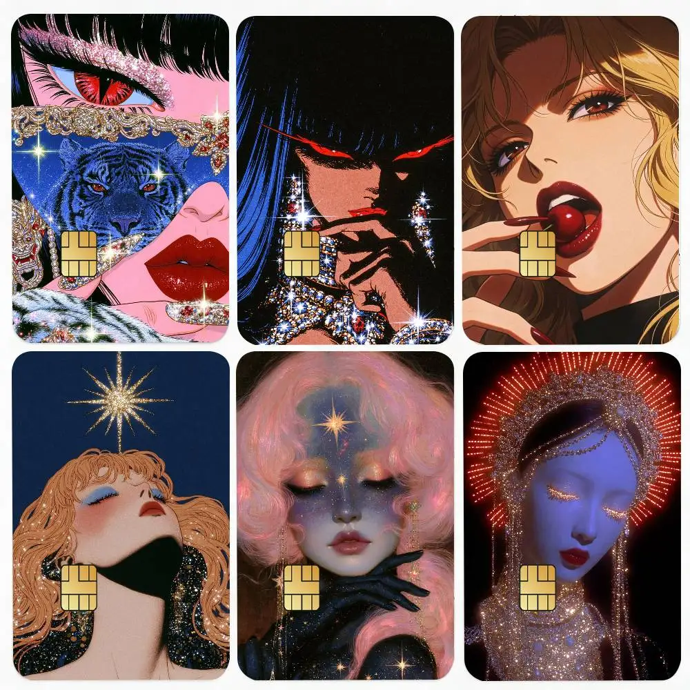 Glamorous Cartoon Famale Retro Fashion Card Stickers for Bank Access Protective Waterproof Film Cover Sticker Surprise Gift