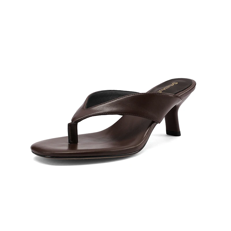 Sandálias Femininas de Couro Legítimo SmallHut Nova Tendência 2026 Verão - Chinelos Sexy com Salto Grosso Branco, Vermelho, Marrom e Preto para Festas