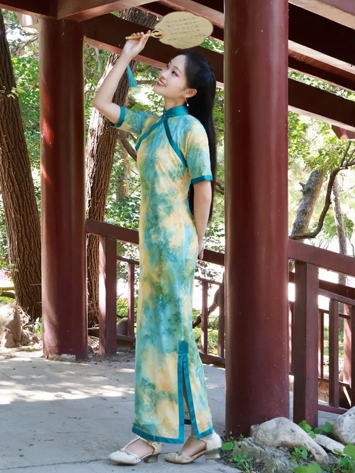 

Retro Sle Long Young Sle Tie Dye Velvet Elastic e Collar Daily Wear Lightweight awl Collar Qipao for W...