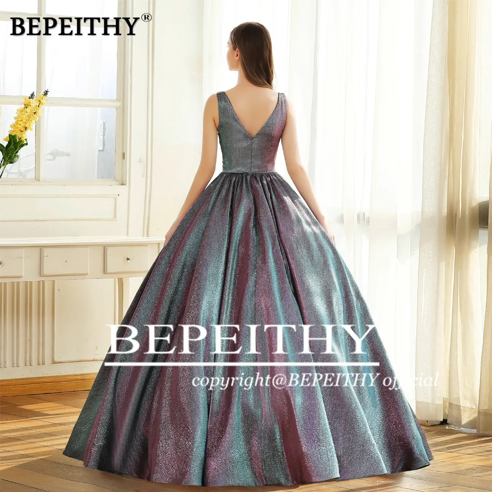 BEPEITHY Simple V Neck Glitter Long Prom Dress For Women 2023 Dubai Shinning Ball Gown Luxury Evening Party Gown Formal Occasion