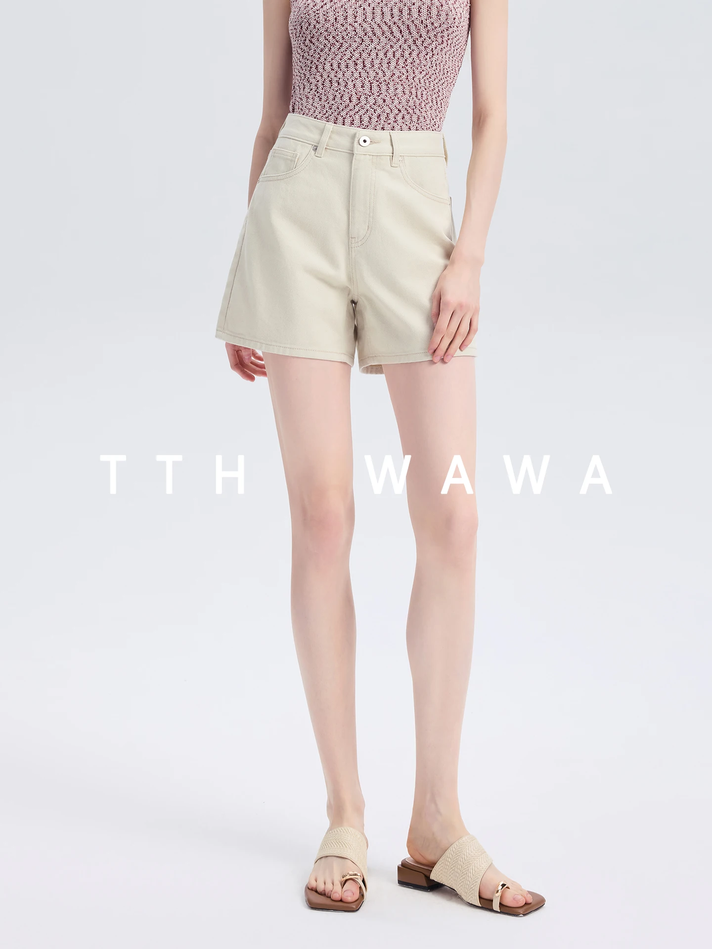 

TTH WAWA High Waist Slimming Light Khaki Denim Shorts Women's Summer Small Size A-Line Hot Pants Cotton Stretchy Breathable