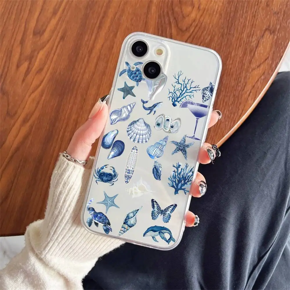 1pc Ocean Life Phone Case Transparent For IPhone 17 16 15 14 13 12 11 PRO MAX PLUS Mini Soft Skin-friendly Cover