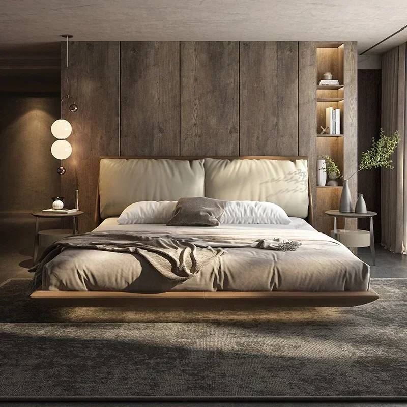 style suspended leather bed minimalist soft bag double bed master bedroom king bed with light bedroom