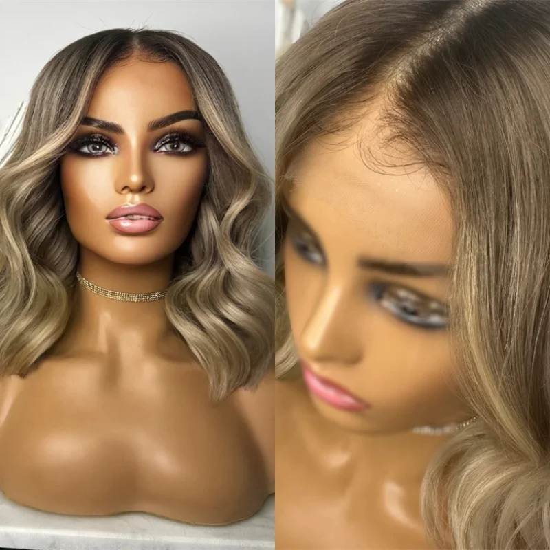 

Парик для вечеринки Ombre Пепельно-русый Выделенный парик Балаяж Для начинающих Короткая волна Боб Синтетический HD Парик фронта шнурка Парики для вечеринок на каждый день