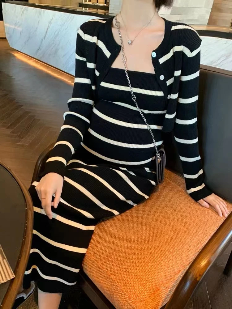 Korean Style Autumn Maternity Striped Knitted Dress Suits Long Sleeve Cardigans+Strap Dress Two Piece Pregnant Woman Clothes Set