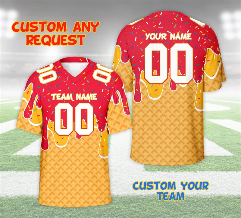 3D Print Funny Cosplay Ice Cream Pattern Football T-shirt V-neck Customized Name Number Personality Uniform Cool New Trend Tee view 3
