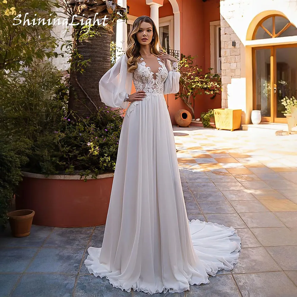 

ShiningLight Boho Chiffon Wedding Dress Puff Long Sleeve Vestido De Novia Lace Appliques Beach A-Line Bridal Dresses Customized