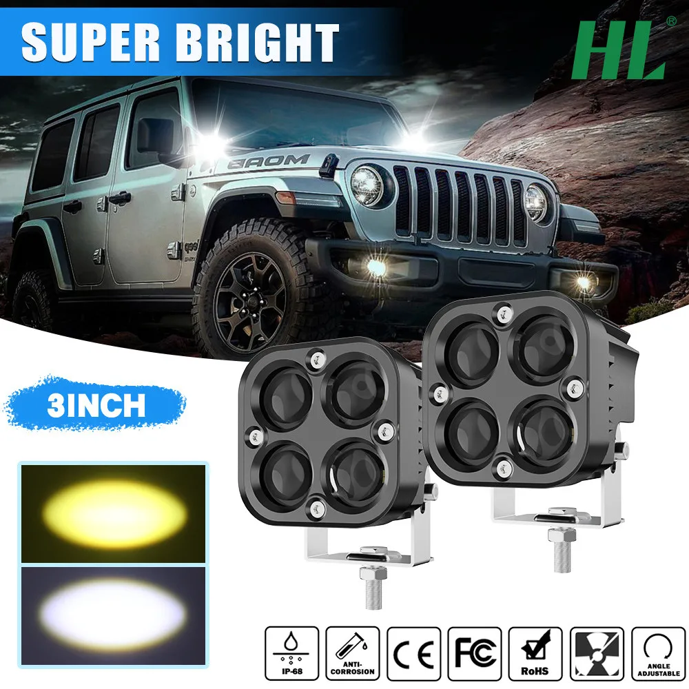 

HAOLIDE LED Super Bright 3 Inch Amber Fog Lights 12V 24V Yellow White 4x4 Offroad Pods Lights For Car SUV Bus Truck Offroad Moto