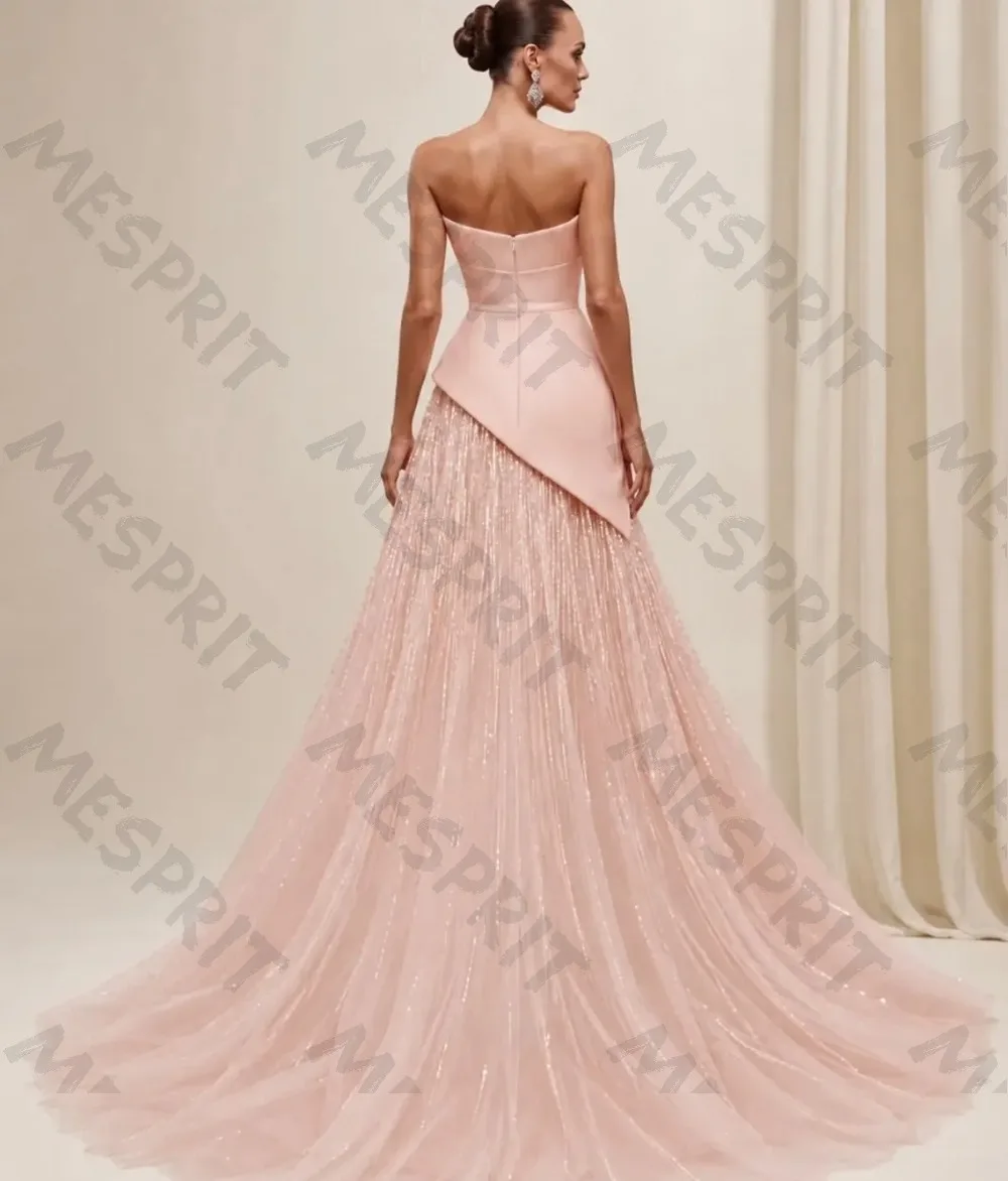 Customized  Strapless Fishtail Evening Gowns with Asymmetrical Design Sparkling Sequin Mesh and Floor Mopping Evening Dresses