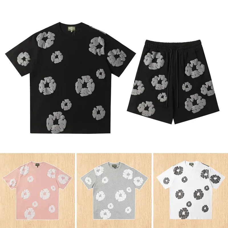 Cross-Border Denim Tearsa American Style Full Printed Foam Shorts Wood Cotton Round Neck Pure Cotton Sweatshirts Men's Sets