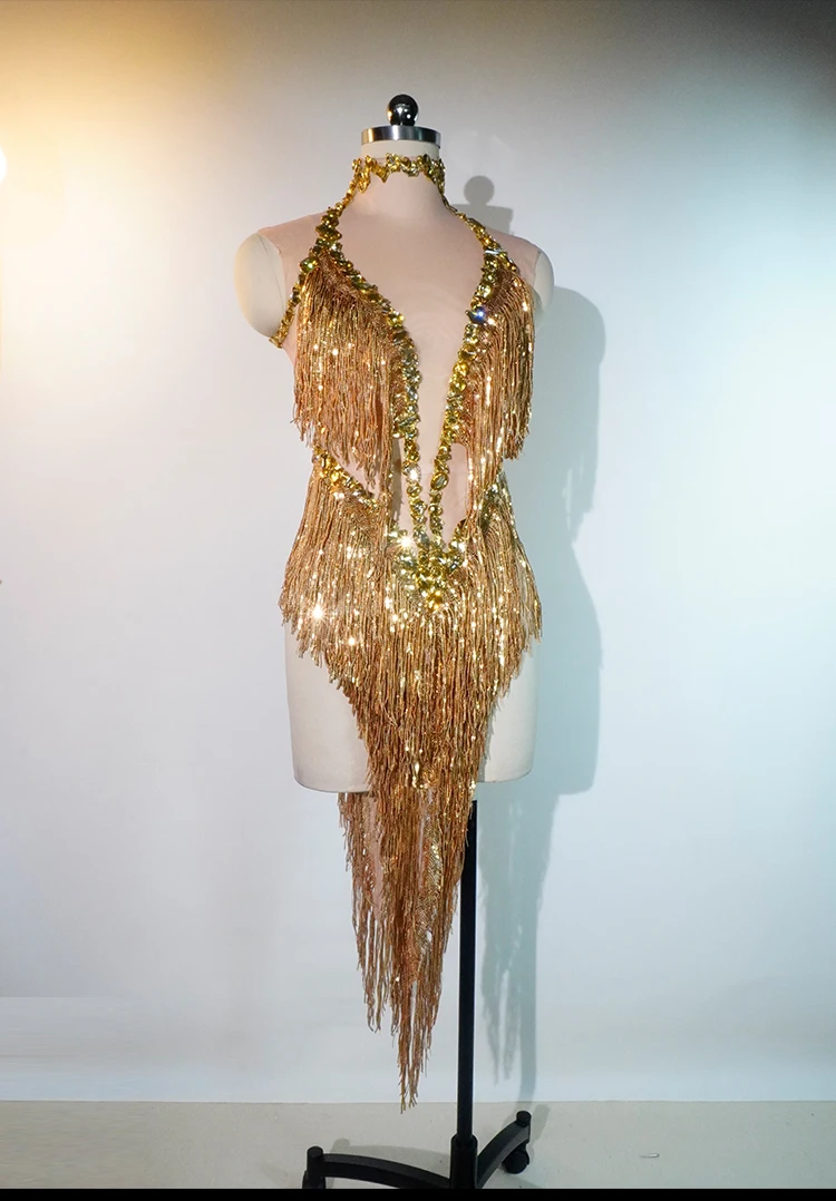 

Sexy Ladies Jumpsuit Shiny Golden Rhinestones And Tassels Singers Costumes For Birthday Parties And Nightclub Stage Performances