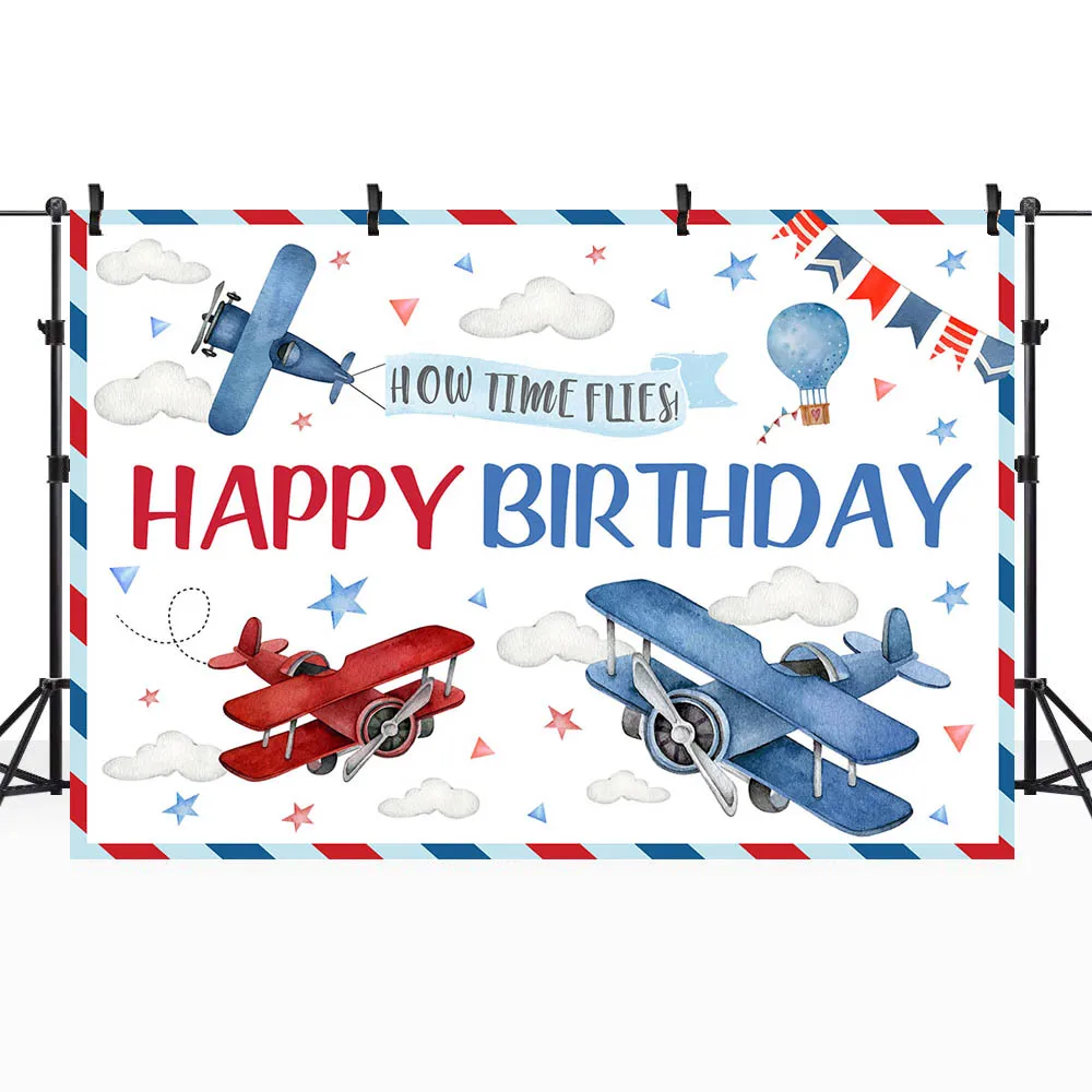 Mocsicka كيف يطير الوقت عيد ميلاد الطفل خلفية طائرة منطاد الهواء الساخن الأولاد 1st حفلة عيد ميلاد صورة خلفية ديكور التصوير الفوتوغرافي