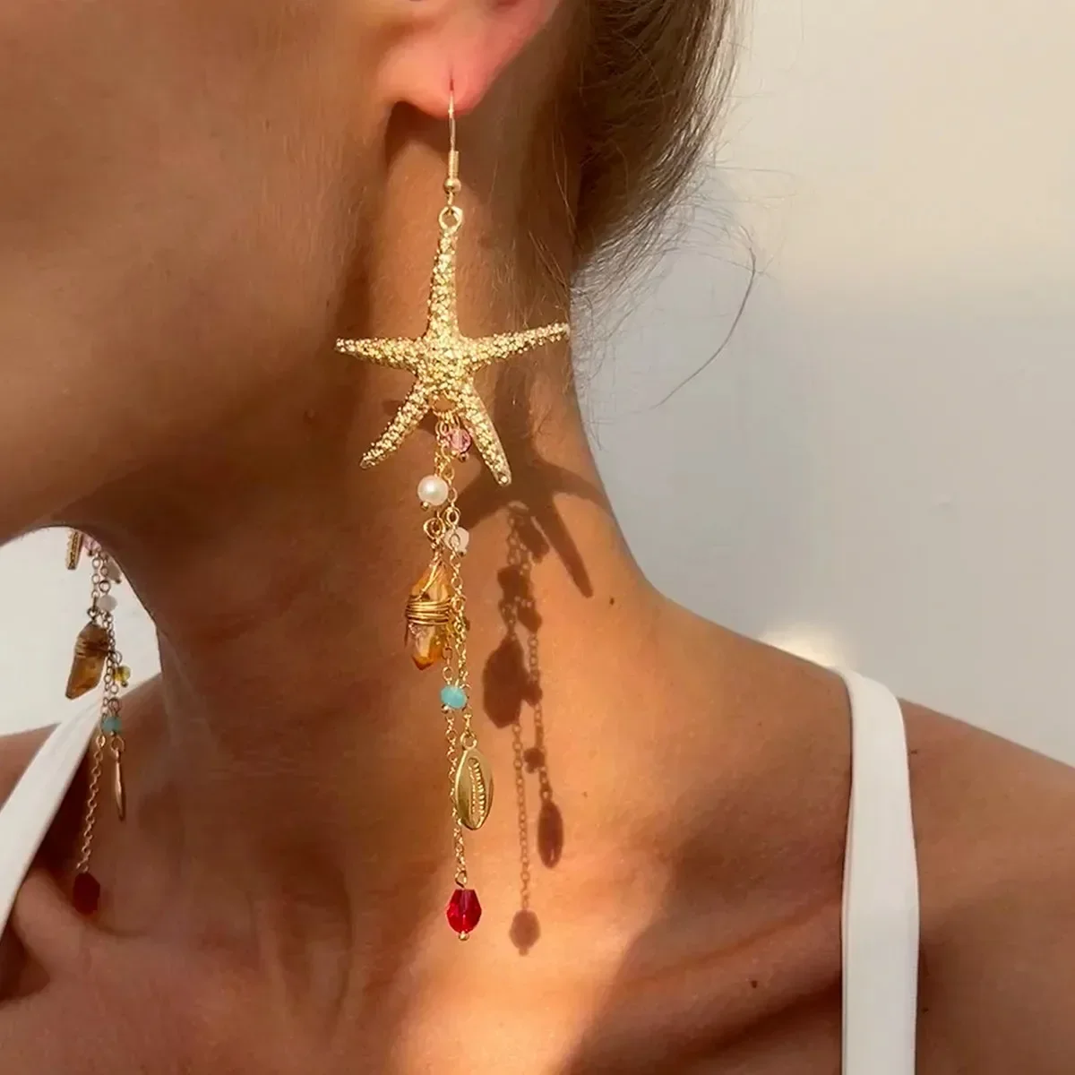 

Boho Starfish Scallop Metal Long Tassel Earrings Women Summer Beach Vacation Gold Color Jellyfish Shiny Crystal Earrings Jewelry