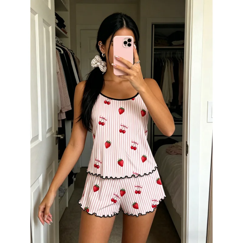 Women Spring Summer Fall Pajama Set Spaghetti Strap Ruffle Trim Round Neck Sleeveless Cami Shorts Pink Stripe Cherry Bow Print