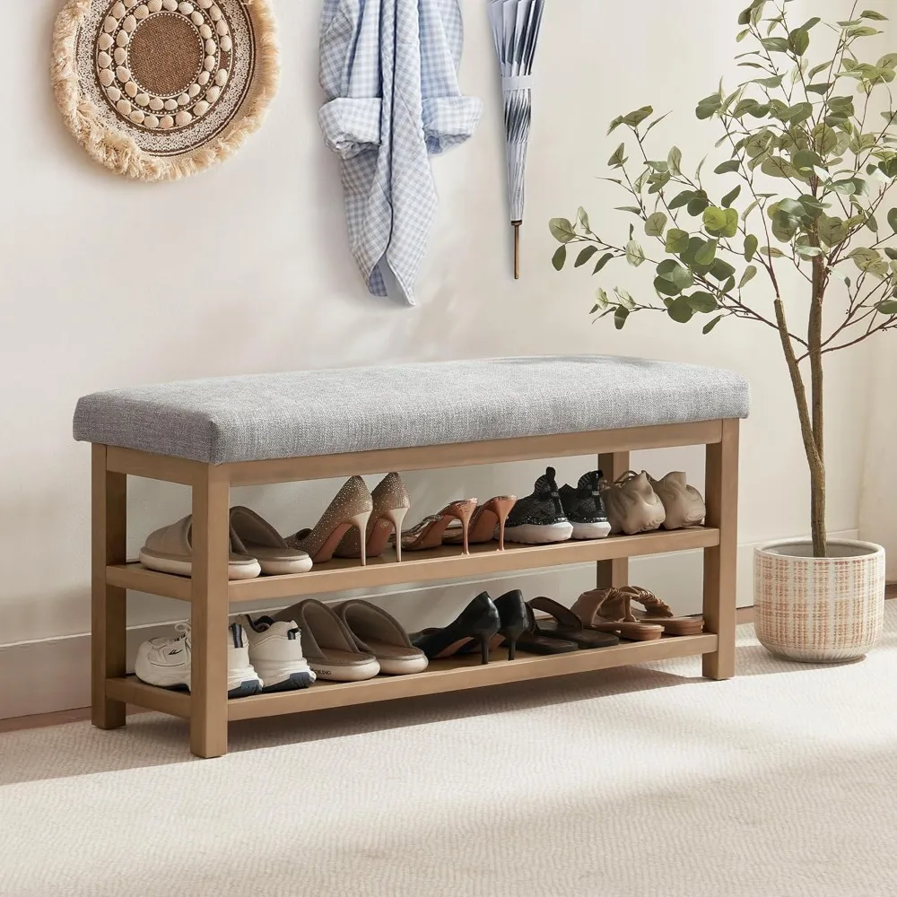 رف أحذية من الخشب الصلب بطبقتين حديث من منتصف القرن مع وسادة لتخزين المدخل والممر #3