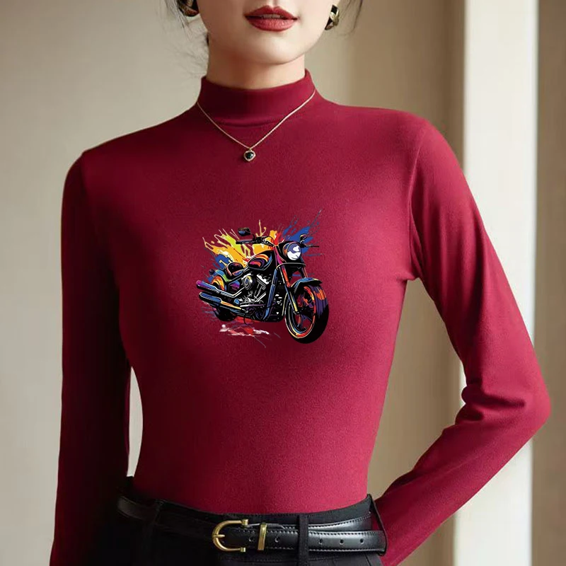 Winter Women's Thermal Brushed Fleece Half Mock Neck Long Sleeve T Shirt Colorful Motorcycle Splash Graphic Warm Tee