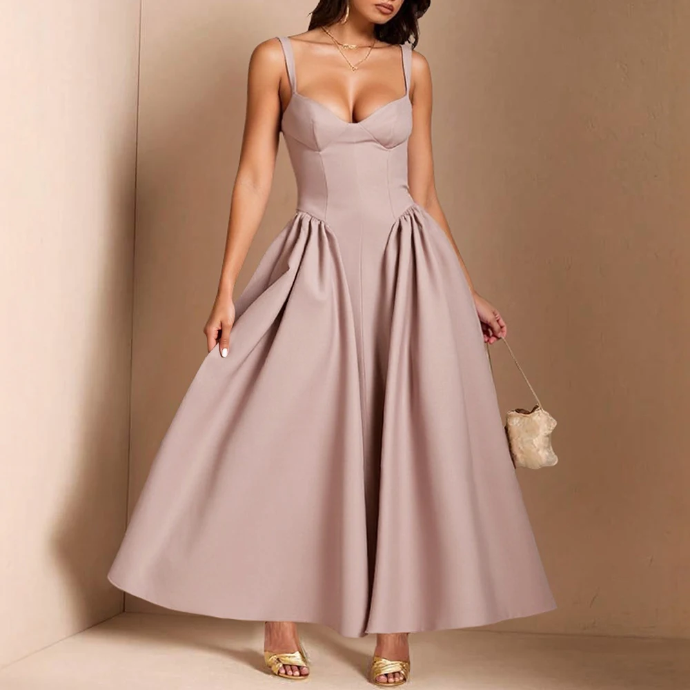 Damesjurken 2025, winter spaghettibandjes, V-hals, geplooid ontwerp, elegante feestdating, lange jurk