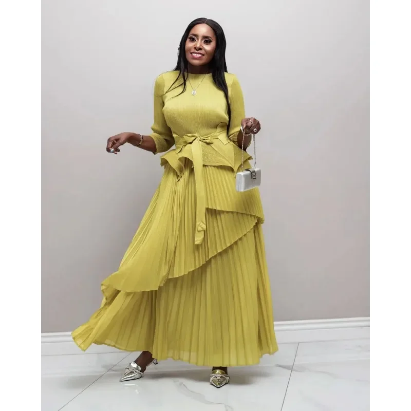 

African Style Women's Luxury Set Miyake Pleated Long Sleeve Thin Top Long Skirt 2 Piece Set Simple Temperament Elegant Stretchy