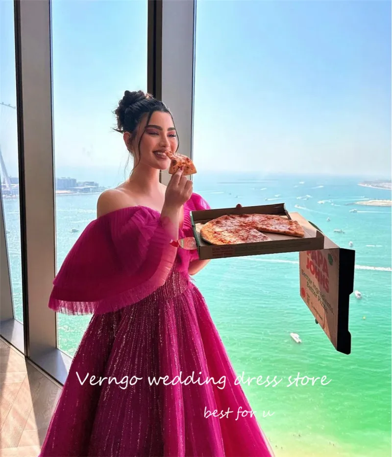 Verngo Glitter Fuschia Dubai Arabic Long Evening Dresses Sexy Off the Shoulder Flare Sleeves Sparkly Formal Prom Gowns 2023