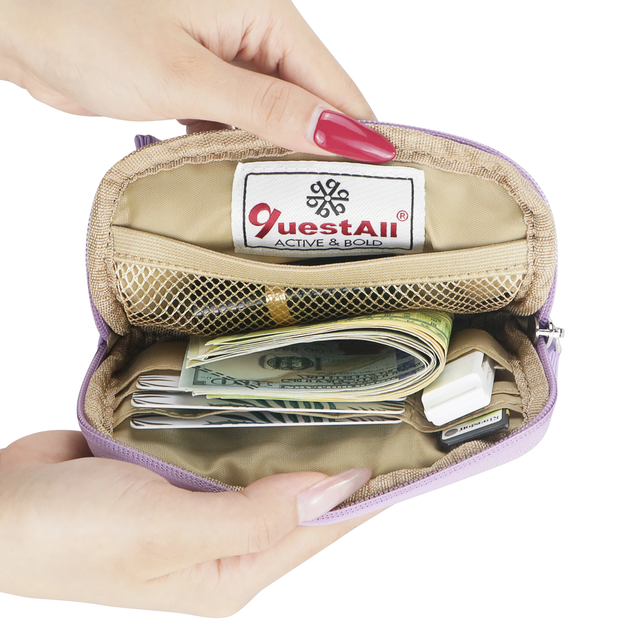 QuestAll Portamonete RFID impermeabile da donna, portafoglio da viaggio in nylon leggero con cinturino da polso, porta carte multi-cerniera 9102