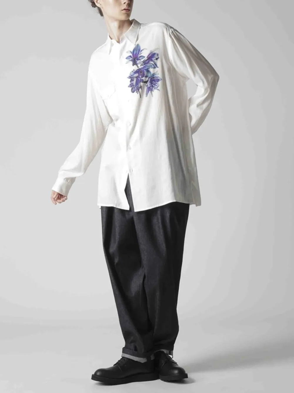 High Street White Shirts Top 25ss Artistic Men's Thin Bamboo Fiber Drape Shirt Blue Floral High-end Print Loose Shirt Fit