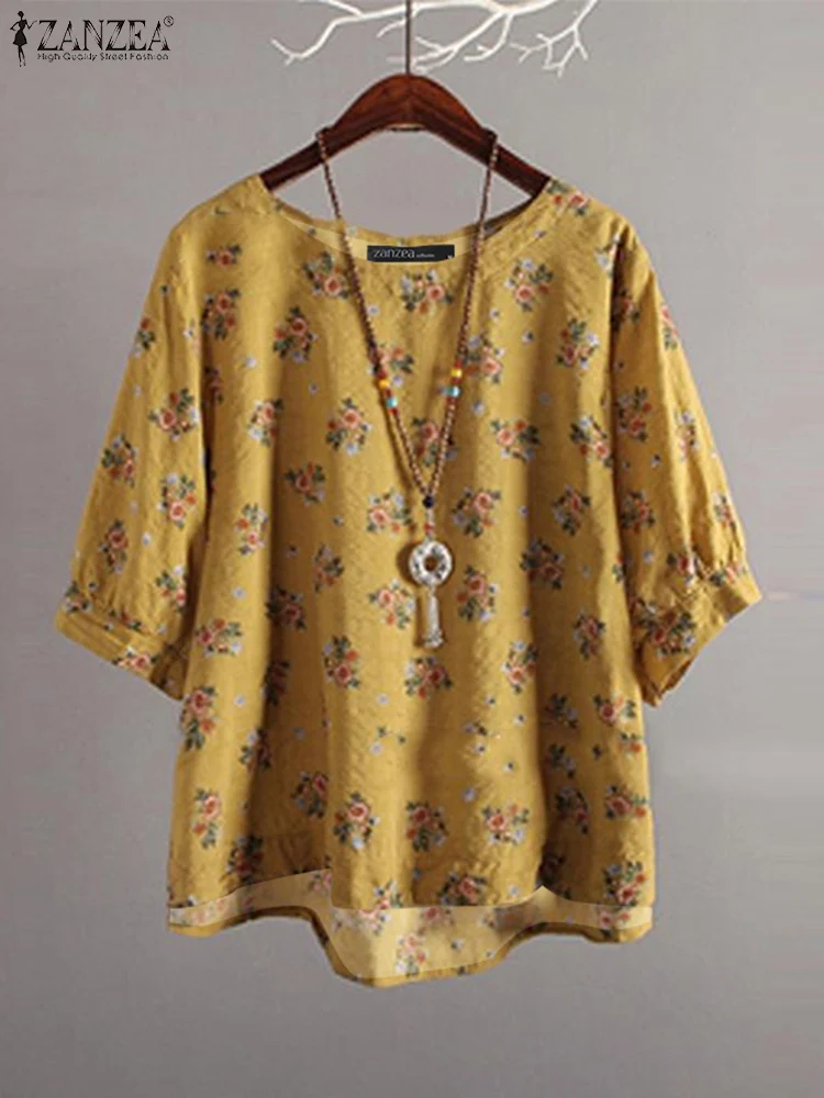 

ZANZEA 2025 Summer Vintage Blouse Tunic Tops Fashion Women O-Neck Casual Loose Floral Print Shirts Short Sleeve Holiday Blusas