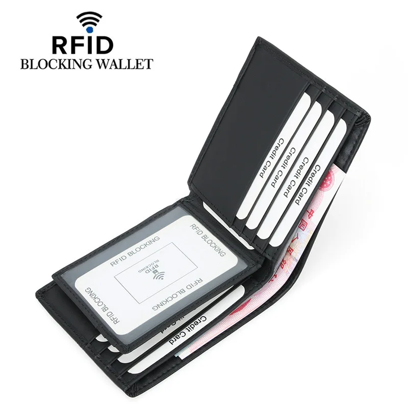 Short Genuine Leather Men's Wallet RFID Anti-magnetic Multi-card Slot Stitching Two-fold Wallet