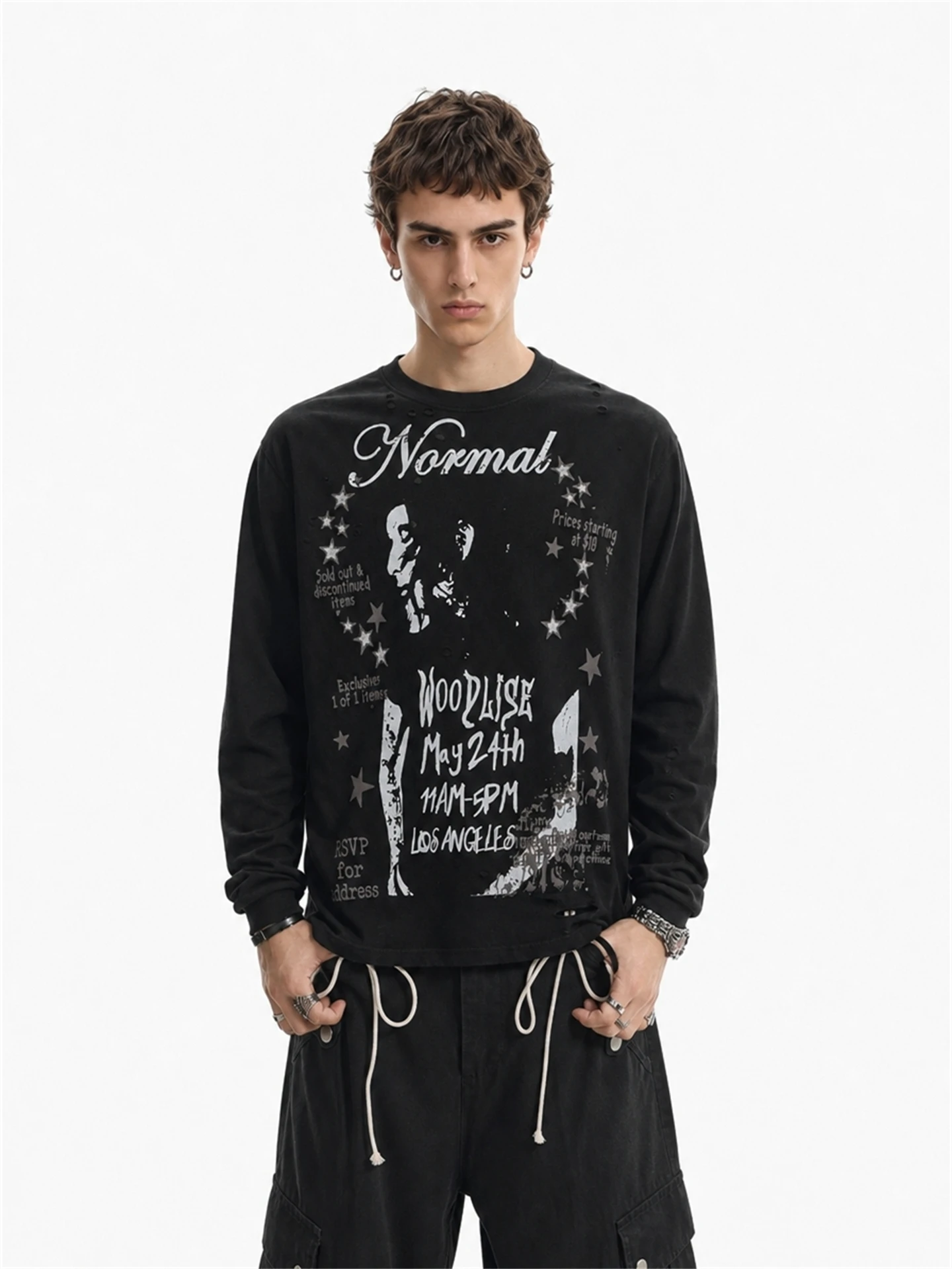 BETEBULE American High Street Punk Rock Print Design round Neck Long Sleeve Men's T-shirt Loose Fit Versatile Casual Top