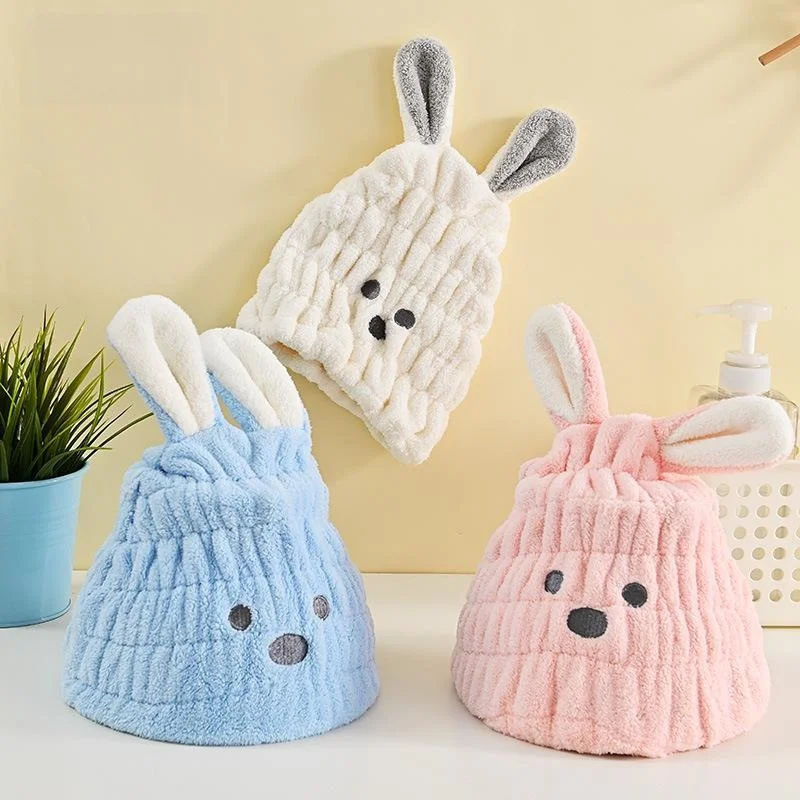 

Детская утолщенная шапочка для сушки волос из кораллового флиса в форме кролика, быстросохнущая, впитывающая, мягкая и удобная, для сушки волос после душа.