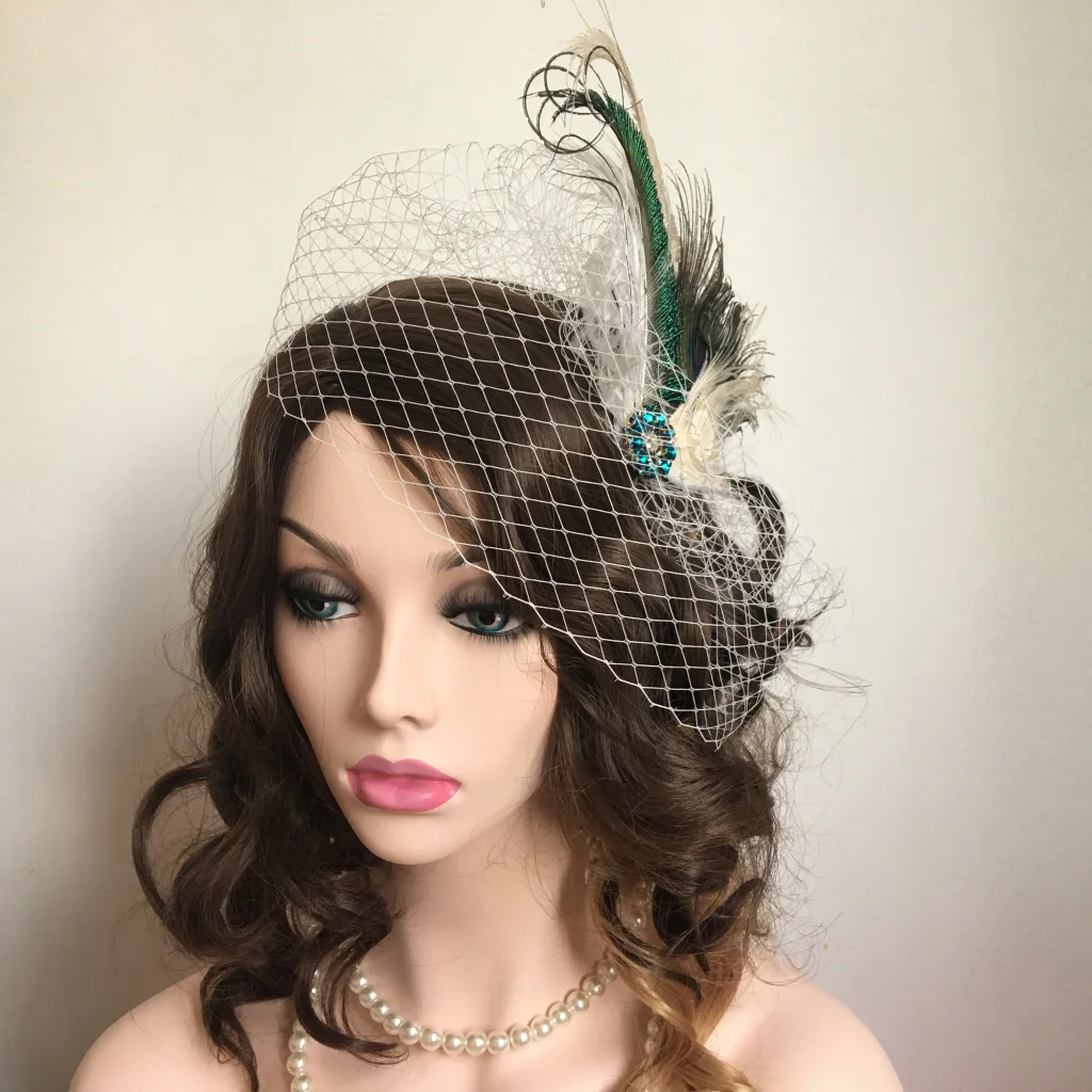 

Gatsby Feather Headband for Woman White Birdcage Veil Blue Rhinestone Vintage Gatsby Party Headpiece For Carnival Accessories