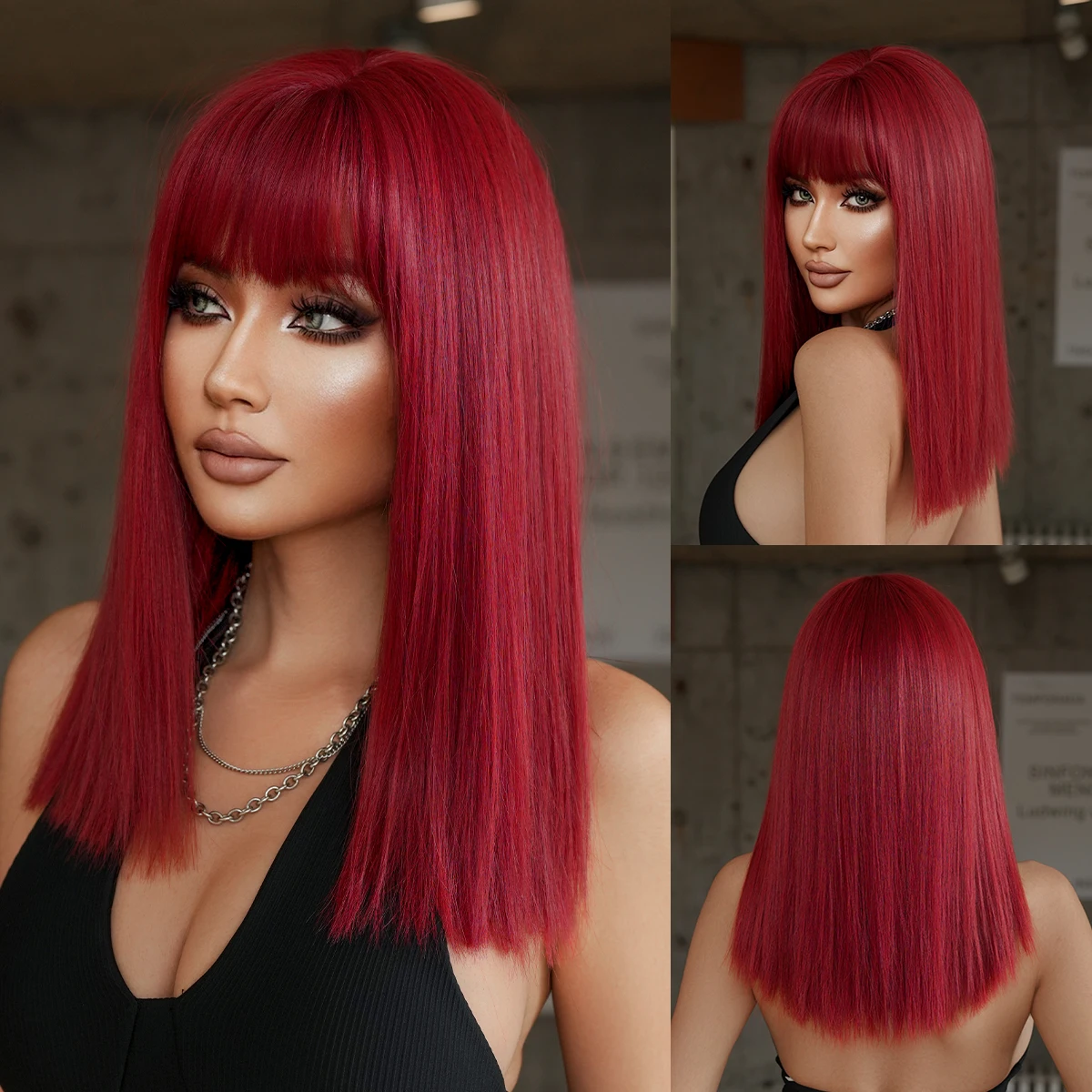 

NAMM Shoulder Length Wig Synthetic Straight Red Wigs For Women Daily Party High Density Layered Wigs With Bang