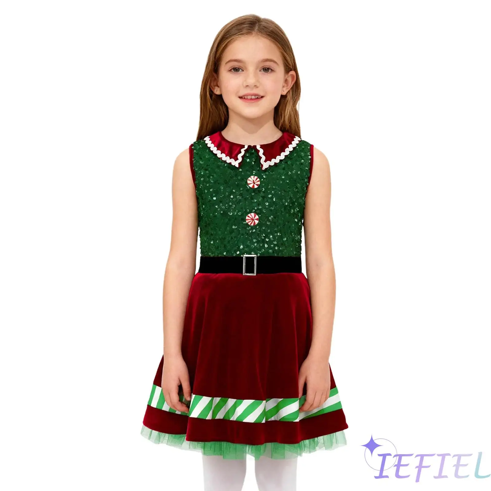 

Girls Santa Christmas Costume Turn-Down Collar Sleeveless Tutu Dress New Year Xmas Style Dress for Family Gathering Photo Shoot