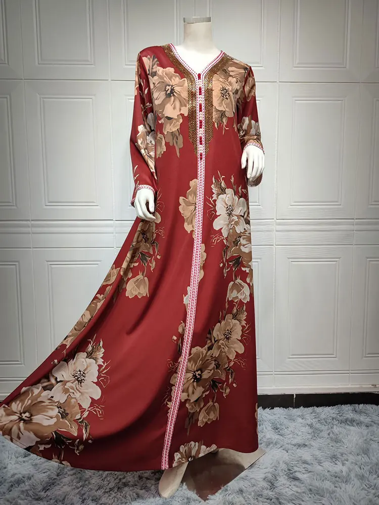 Floral Printed Abaya Long Dress Women Diamonds Arabic Party Muslim Loose Robe Saudi Gulf Jalabiya Moroccan Kaftan Maroon