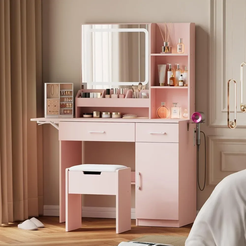 Vanity Desk with Mirror and Light, Makeup Vanity with Power Outlet & Storage Stool,dresser Table with 3 Drawers & 7 Open Shelves