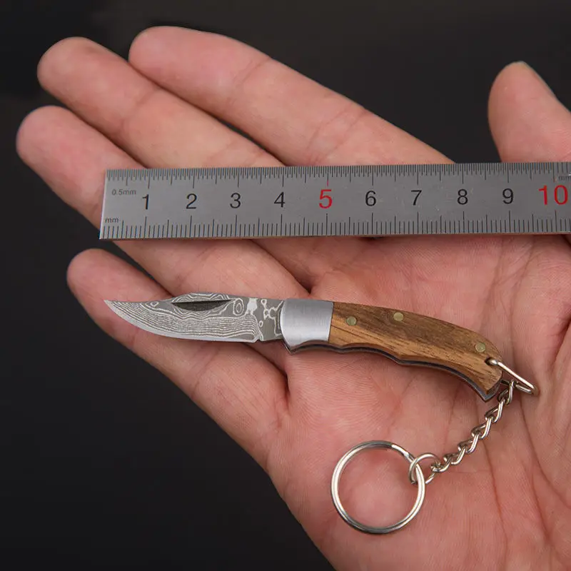 Mini folding key chain knife, Damascus pattern stainless steel mini knife, open box knife artifact, Pocket Your Key chain knife